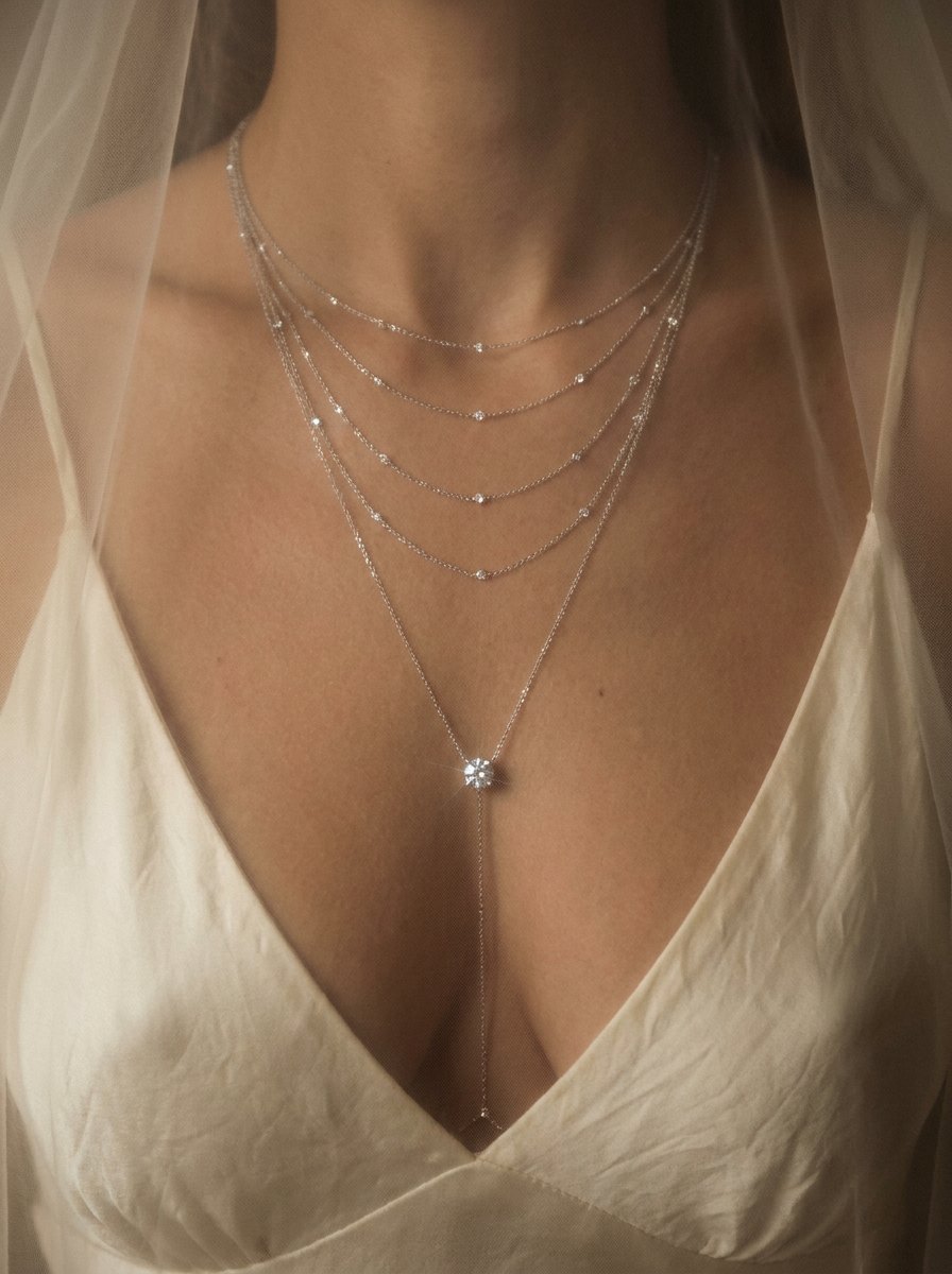 Ripples — chest chain with five silver chains and a white diamond drop