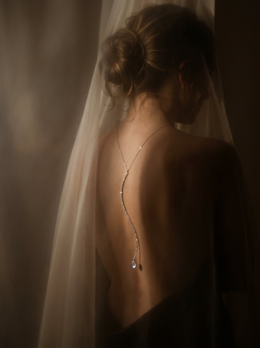 Moon Trace — S-shaped chain down the spine with a moonstone