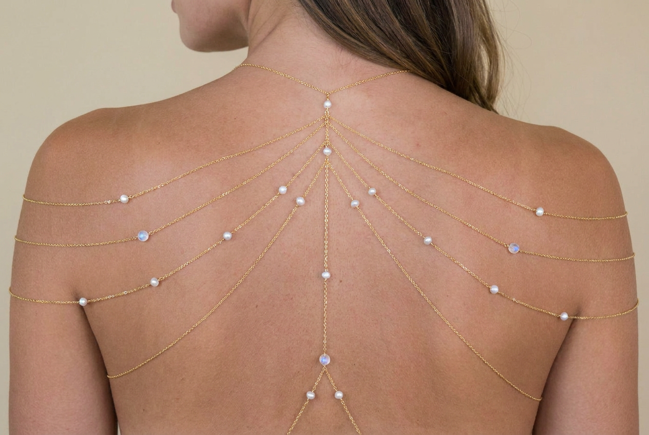 Light Flow — gold body chain with branching chains and pearls